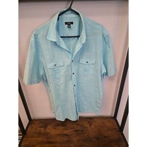 Alfani Mens Short Sleeve Button Up Shirt Aqua Blue Lightweigt Linen Blend Size L